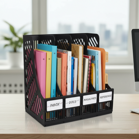 KRISHYAM ® 4 Slot Plastic Magazine File Holder Rack | Desktop Document Organizer | A4 File Storage Stand | Multi-Compartment Office Desk Organizer for Books, Folders & Papers (FILE ORGANISER (BLACK, Blue)