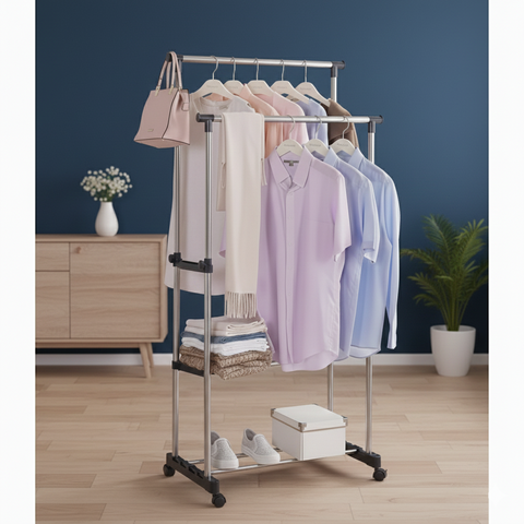 KriShyam® Stainless Steel Aluminum Floor Cloth Dryer Stand Double-Pole, Adjustable & Portable Clothes Hanger/Laundry Rack Hanger/Shoe Rack Garment Drying Rack With Rolling Wheels (1 Tier)