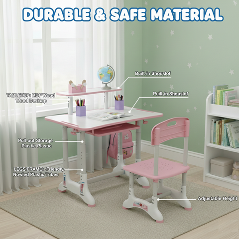 KriShyam ® Height Adjustable Kids Study Table & Chair Set with Book Stand Plastic Desk Chair (Finish Color - Pink & White (C25), DIY(Do-It-Yourself))