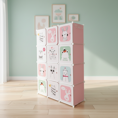 KRISHYAM® Kids Modular Wardrobe with Cartoon Animal Prints – 8/12 Cube Storage Organizer Cabinet with Doors | DIY Portable Space Saving Cupboard for Bedroom & Nursery (8/12 Box Bear Print)