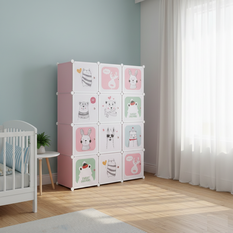 KRISHYAM® Kids Modular Wardrobe with Cartoon Animal Prints – 8/12 Cube Storage Organizer Cabinet with Doors | DIY Portable Space Saving Cupboard for Bedroom & Nursery (8/12 Box Bear Print)
