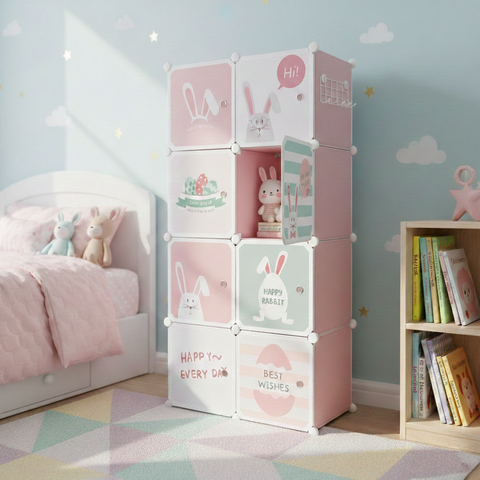 KRISHYAM® Kids Cartoon Collapsible Wardrobe with 2 Hanging Rod & 1 External Hanger Hook | 8/12-Cube Modular Storage Cabinet | Foldable Plastic Cupboard for Clothes, Toys & Books (8/12 Box Rabbit Print)