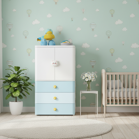 KRISHYAM® Kids Storage Cabinet with Drawers & Cupboard | Multi-Purpose Plastic Wardrobe Organizer for Nursery & Kids Room | Toy, Clothes & Accessories Storage