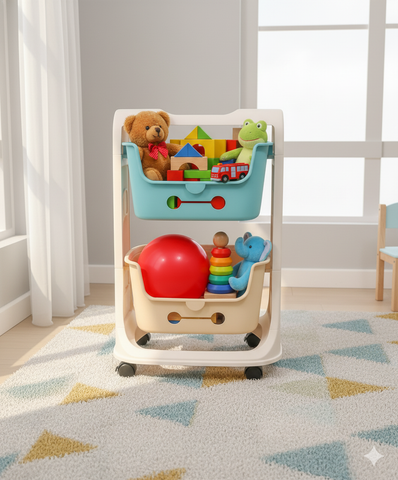 KRISHYAM® Multi-Layer Toy Storage Organizer Rack with Wheels | Kids Toy Shelf with Removable Bins for Toys, Books & Stationery (2-Tier Kids Basket (Matte Finish)
