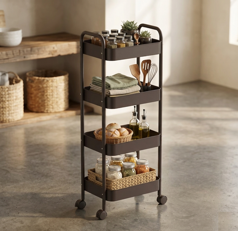 KRISHYAM® 4-Tier Metal Rolling Storage Trolley Cart with Wheels & Handle | Multipurpose Utility Organizer for Kitchen, Bathroom, Office & Salon | Heavy-Duty Steel (4-Layer Square)