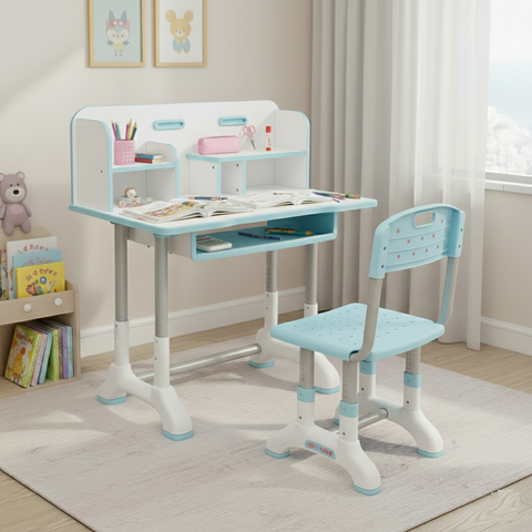 KRISHYAM® Kids Adjustable Study Table & Chair Set with Storage Drawer & Bookshelf | Height Adjustable Student Study Desk for Boys & Girls | Ergonomic Design (Blue & White (C23))