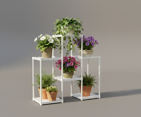 KRISHYAM® 6-Tier Plastic Flower Stand for Indoor & Outdoor | Multi-Layer Plant Display Rack for Pots | Rust-Free, Heavy-Duty Garden Organizer Shelf (BLACK & WHITE, 6 TIER)