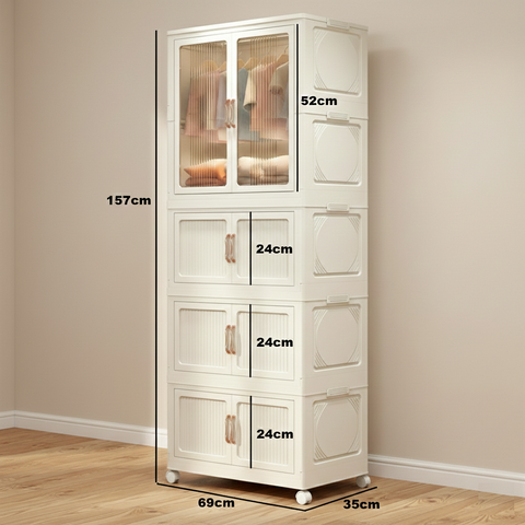 KRISHYAM® 2 Layer Plastic Wardrobe Cabinetwith Transparent Sliding Doors & Drawer Storage | Multi-Layer Clothes Organizer Cabinet with Wheels.