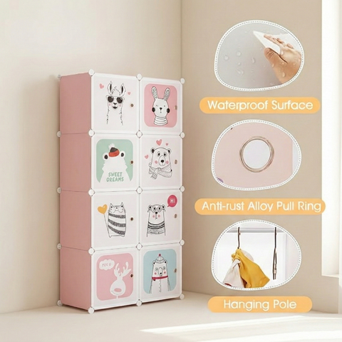 KRISHYAM® Kids Modular Wardrobe with Cartoon Animal Prints – 8/12 Cube Storage Organizer Cabinet with Doors | DIY Portable Space Saving Cupboard for Bedroom & Nursery (8/12 Box Bear Print)