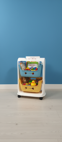 KRISHYAM® 2-Tier Kids Toy Storage Organizer Rack with Wheels | Dual-Tone Plastic Toy Shelf with Removable Bins for Toys, Books & Stationery (2-Tier Kids Basket (Glossy Finish)