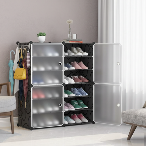 KRISHYAM® 12 Step Modular Shoe Rack Cabinet with Doors & Side Hooks, Stackable Plastic Shoe Organizer Storage Cabinet for Entryway, Bedroom & Closet, Dustproof (4 Door 12 Step (Black))