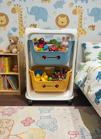 KRISHYAM® 2-Tier Kids Toy Storage Organizer Rack with Wheels | Dual-Tone Plastic Toy Shelf with Removable Bins for Toys, Books & Stationery (2-Tier Kids Basket (Glossy Finish)