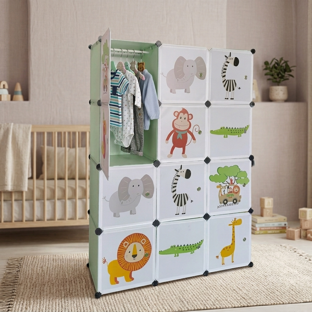 KRISHYAM® Kids Jungle Animal Print Collapsible Wardrobe with 2 Hanging Rod &1 External Hanger Hook | 8/12-Cube Modular Plastic Storage Cabinet | DIY Foldable Clothes Organizer (8/12 Box Lion Print)