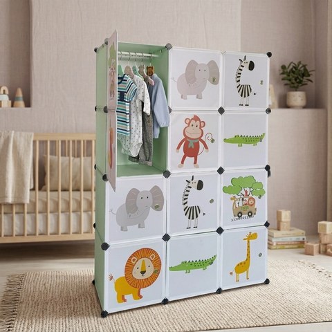 KRISHYAM® Kids Jungle Animal Print Collapsible Wardrobe with 2 Hanging Rod &1 External Hanger Hook | 8/12-Cube Modular Plastic Storage Cabinet | DIY Foldable Clothes Organizer (8/12 Box Lion Print)