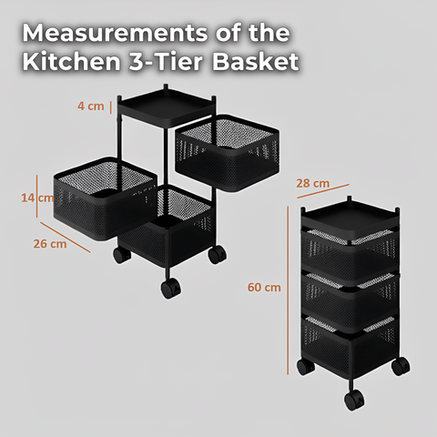 KRISHYAM® 4-Tier Metal Rolling Kitchen Storage Trolley with Mesh Baskets & Wheels | Multipurpose Vegetable, Fruit & Utility Organizer Cart | Heavy-Duty Steel | Black (4-Tier Square)