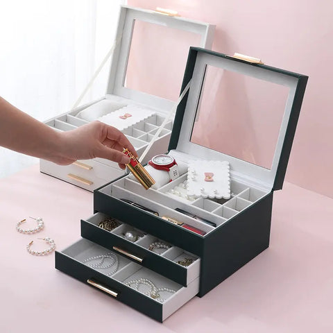 Krishyam® Clear Lid Jewelry Box,3 Layers Jewelry Organizer with 2 Drawers Large Multi-Functional Jewelry Storage Box for Necklace Earrings Bracelets Rings