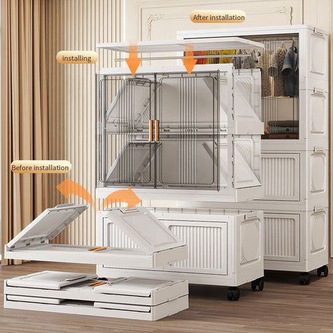 KRISHYAM® 2 Layer Plastic Wardrobe Cabinetwith Transparent Sliding Doors & Drawer Storage | Multi-Layer Clothes Organizer Cabinet with Wheels.