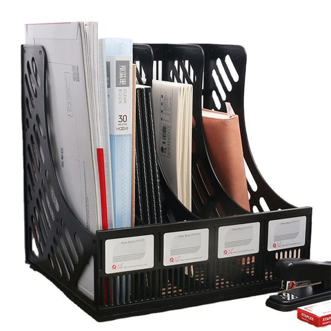KRISHYAM ® 4 Slot Plastic Magazine File Holder Rack | Desktop Document Organizer | A4 File Storage Stand | Multi-Compartment Office Desk Organizer for Books, Folders & Papers (FILE ORGANISER (BLACK, Blue)