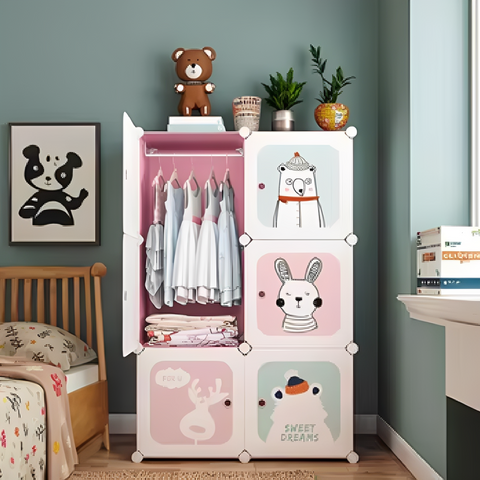 KRISHYAM® Kids Modular Wardrobe with Cartoon Animal Prints – 8/12 Cube Storage Organizer Cabinet with Doors | DIY Portable Space Saving Cupboard for Bedroom & Nursery (8/12 Box Bear Print)