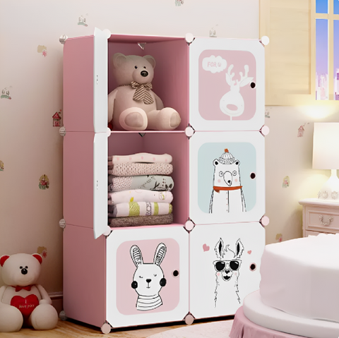 KRISHYAM® Kids Modular Wardrobe with Cartoon Animal Prints – 8/12 Cube Storage Organizer Cabinet with Doors | DIY Portable Space Saving Cupboard for Bedroom & Nursery (8/12 Box Bear Print)