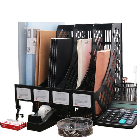 KRISHYAM ® 4 Slot Plastic Magazine File Holder Rack | Desktop Document Organizer | A4 File Storage Stand | Multi-Compartment Office Desk Organizer for Books, Folders & Papers (FILE ORGANISER (BLACK, Blue)