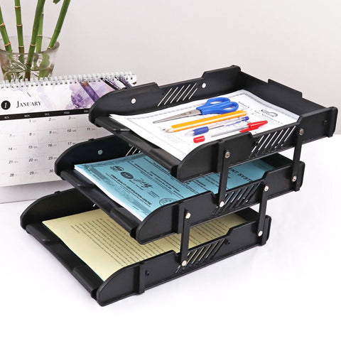 KRISHYAM ® 3 Tier Plastic Document Tray for Office | Desk File Organizer Rack | A4 Paper Holder | Multi-Layer Stackable File Storage Stand for Home & Office (DESK ORGANISER (BLACK,Blue)