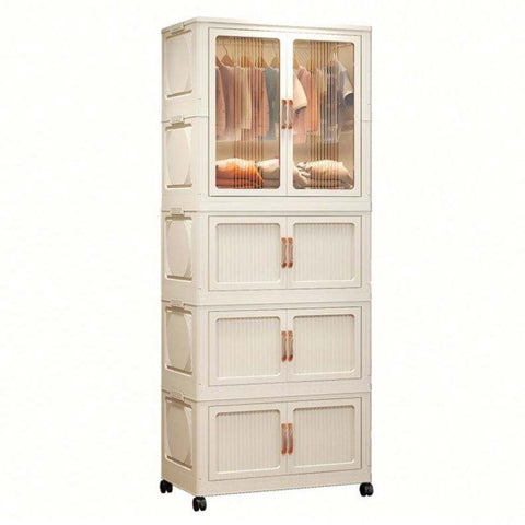 KRISHYAM® 2 Layer Plastic Wardrobe Cabinetwith Transparent Sliding Doors & Drawer Storage | Multi-Layer Clothes Organizer Cabinet with Wheels.