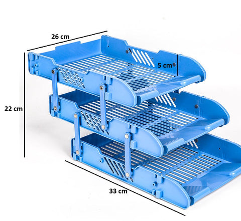KRISHYAM ® 3 Tier Plastic Document Tray for Office | Desk File Organizer Rack | A4 Paper Holder | Multi-Layer Stackable File Storage Stand for Home & Office (DESK ORGANISER (BLACK,Blue)