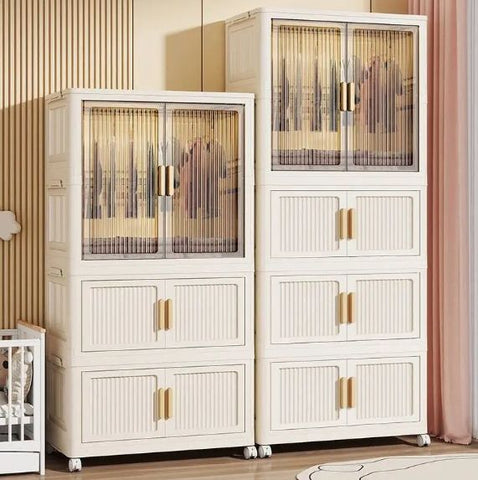 KRISHYAM® 2 Layer Plastic Wardrobe Cabinetwith Transparent Sliding Doors & Drawer Storage | Multi-Layer Clothes Organizer Cabinet with Wheels.