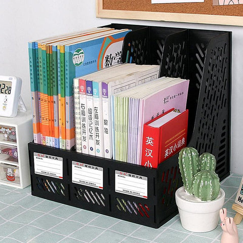 KRISHYAM ® 4 Slot Plastic Magazine File Holder Rack | Desktop Document Organizer | A4 File Storage Stand | Multi-Compartment Office Desk Organizer for Books, Folders & Papers (FILE ORGANISER (BLACK, Blue)
