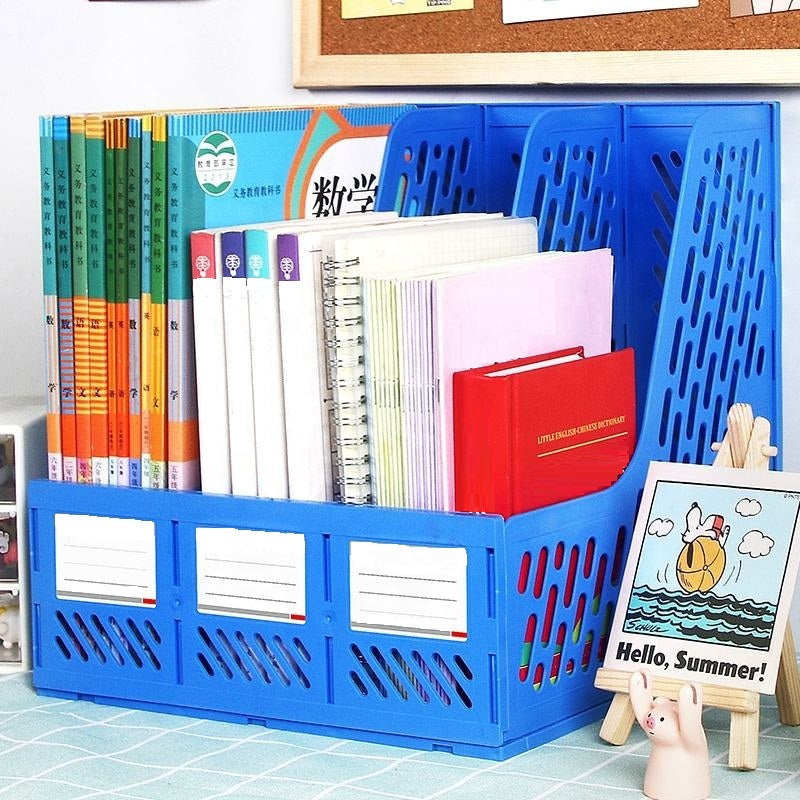 KRISHYAM ® 4 Slot Plastic Magazine File Holder Rack | Desktop Document Organizer | A4 File Storage Stand | Multi-Compartment Office Desk Organizer for Books, Folders & Papers (FILE ORGANISER (BLACK, Blue)