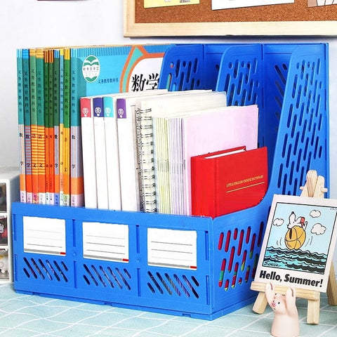 KRISHYAM ® 4 Slot Plastic Magazine File Holder Rack | Desktop Document Organizer | A4 File Storage Stand | Multi-Compartment Office Desk Organizer for Books, Folders & Papers (FILE ORGANISER (BLACK, Blue)