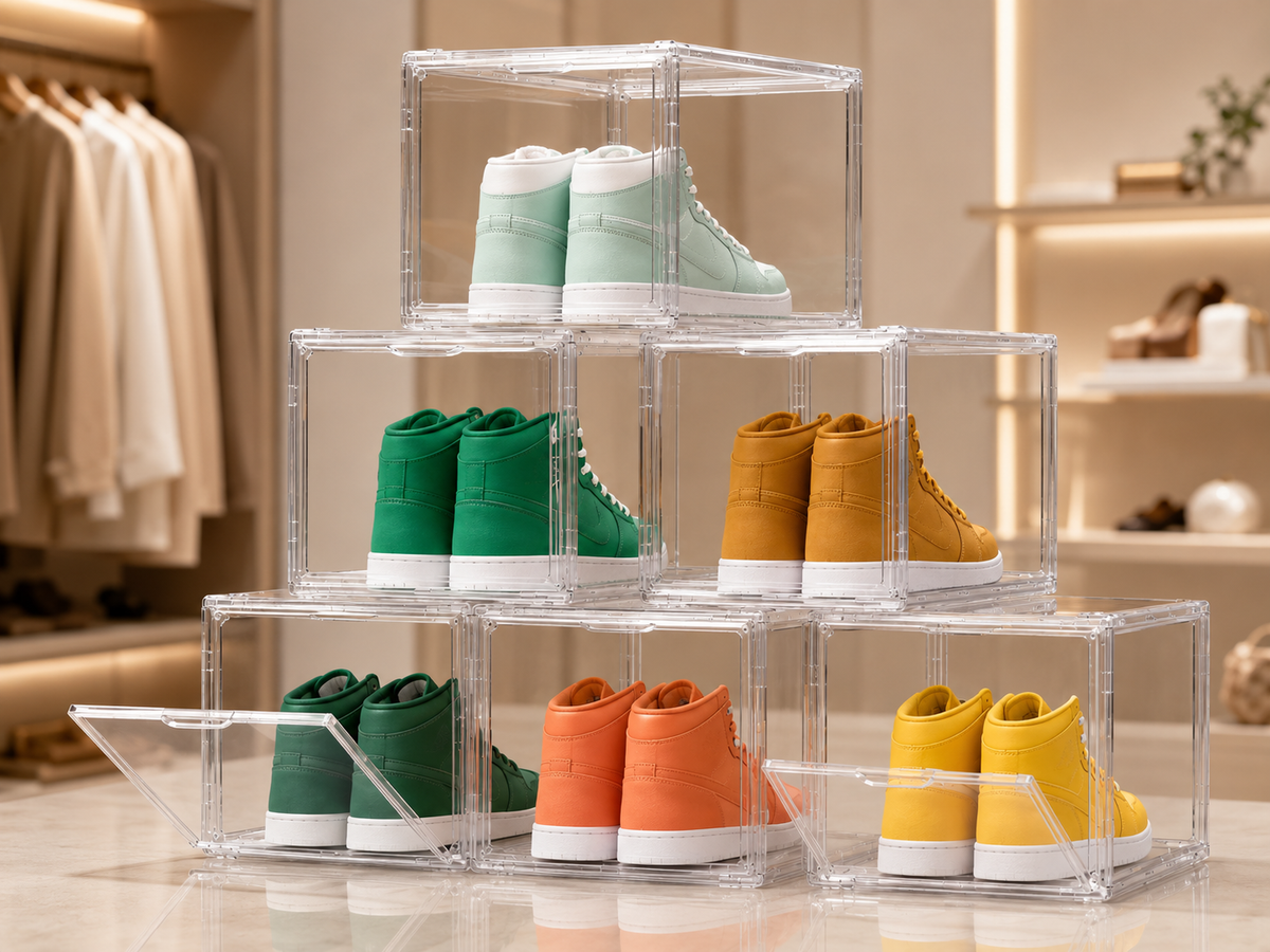 KRISHYAM® Stackable Shoe Storage Box Organizer, Front Open Transparent Sneaker Display Box, Foldable Plastic Shoe Rack for Men & Women, Dustproof Shoe Boxes (Set of 6, Crystal Clear)