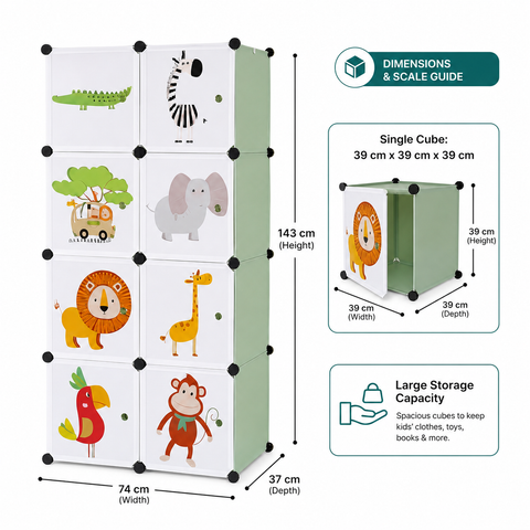 KRISHYAM® Kids Jungle Animal Print Collapsible Wardrobe with 2 Hanging Rod &1 External Hanger Hook | 8/12-Cube Modular Plastic Storage Cabinet | DIY Foldable Clothes Organizer (8/12 Box Lion Print)