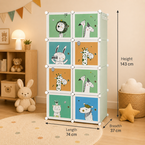 KRISHYAM® Kids Animal Print Collapsible Wardrobe |8/12-Cube Modular Storage Cabinet with 2 Hanging Rod & 1 External Hanger Hook | DIY Cupboard for Kids (8/12 Box Giraffe Print)