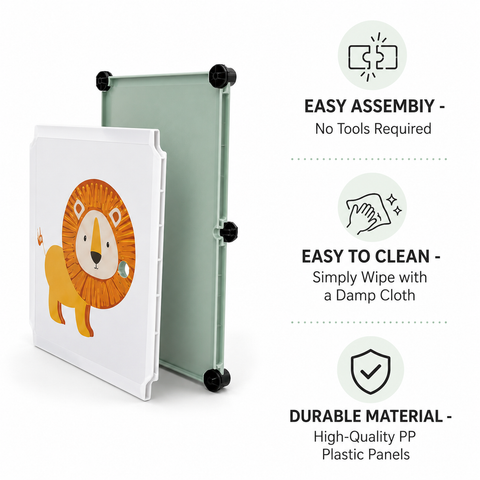 KRISHYAM® Kids Jungle Animal Print Collapsible Wardrobe with 2 Hanging Rod &1 External Hanger Hook | 8/12-Cube Modular Plastic Storage Cabinet | DIY Foldable Clothes Organizer (8/12 Box Lion Print)