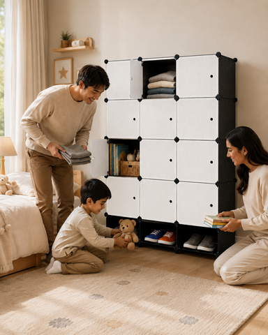 KRISHYAM® Modular 12-Cube Wardrobe Storage Cabinet with Doors, 1 Hanging Rod & 1 External Hanger Hook | DIY Plastic Closet Organizer with Metal Frame (12 Box Wardrobe + 3 Shoe Box (White))