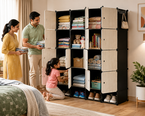 KRISHYAM® Modular 16-Cube Wardrobe Storage Cabinet with Doors, 2 Hanging Rod & 1 External Hanger Hook | DIY Plastic Closet Organizer with Metal Frame (16 Box Wardrobe + 4 Shoe Box (White))