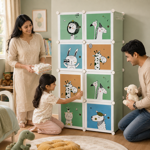 KRISHYAM® Kids Animal Print Collapsible Wardrobe |8/12-Cube Modular Storage Cabinet with 2 Hanging Rod & 1 External Hanger Hook | DIY Cupboard for Kids (8/12 Box Giraffe Print)