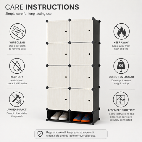 KRISHYAM® Modular 8-Cube Wardrobe Storage Cabinet with Doors, 1 Hanging Rod & 1 External Hanger Hook | DIY Plastic Closet Organizer with Metal Frame (8 Box Wardrobe + 2 Shoe Box (White))