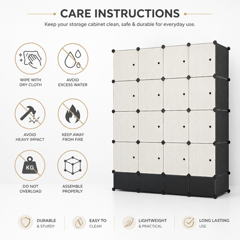 KRISHYAM® Modular 16-Cube Wardrobe Storage Cabinet with Doors, 2 Hanging Rod & 1 External Hanger Hook | DIY Plastic Closet Organizer with Metal Frame (16 Box Wardrobe + 4 Shoe Box (White))