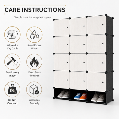 KRISHYAM® Modular 12-Cube Wardrobe Storage Cabinet with Doors, 1 Hanging Rod & 1 External Hanger Hook | DIY Plastic Closet Organizer with Metal Frame (12 Box Wardrobe + 3 Shoe Box (White))