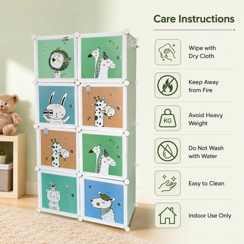 KRISHYAM® Kids Animal Print Collapsible Wardrobe |8/12-Cube Modular Storage Cabinet with 2 Hanging Rod & 1 External Hanger Hook | DIY Cupboard for Kids (8/12 Box Giraffe Print)