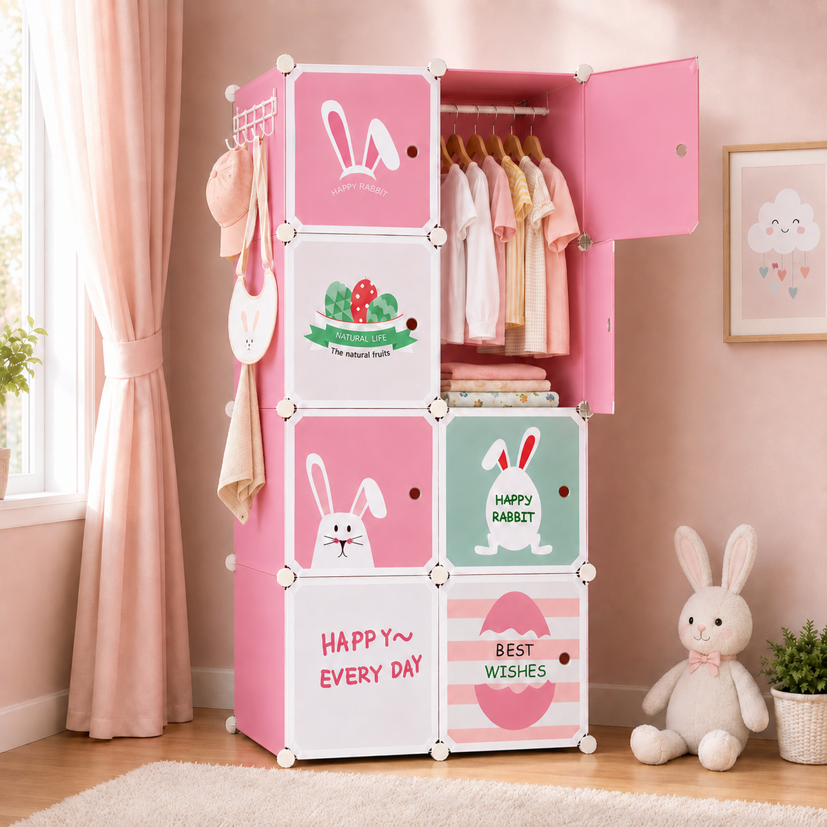 KRISHYAM® Kids Cartoon Collapsible Wardrobe with 2 Hanging Rod & 1 External Hanger Hook | 8/12-Cube Modular Storage Cabinet | Foldable Plastic Cupboard for Clothes, Toys & Books (8/12 Box Rabbit Print)