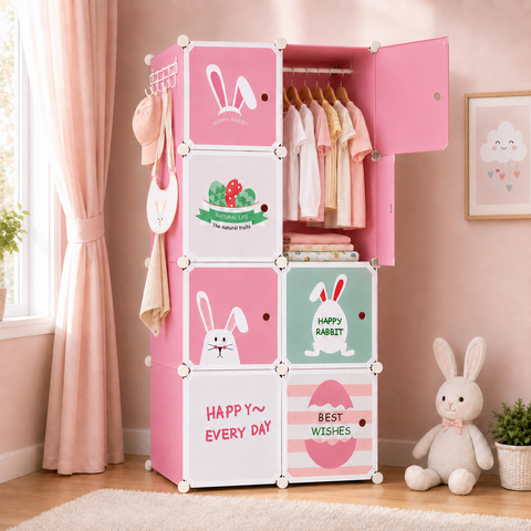 KRISHYAM® Kids Cartoon Collapsible Wardrobe with 2 Hanging Rod & 1 External Hanger Hook | 8/12-Cube Modular Storage Cabinet | Foldable Plastic Cupboard for Clothes, Toys & Books (8/12 Box Rabbit Print)