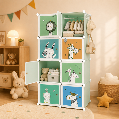 KRISHYAM® Kids Animal Print Collapsible Wardrobe |8/12-Cube Modular Storage Cabinet with 2 Hanging Rod & 1 External Hanger Hook | DIY Cupboard for Kids (8/12 Box Giraffe Print)