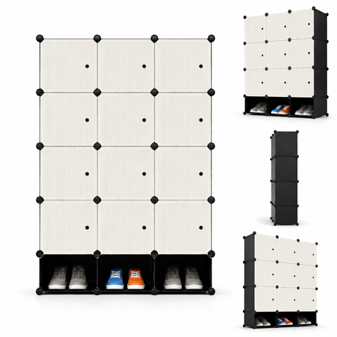KRISHYAM® Modular 12-Cube Wardrobe Storage Cabinet with Doors, 1 Hanging Rod & 1 External Hanger Hook | DIY Plastic Closet Organizer with Metal Frame (12 Box Wardrobe + 3 Shoe Box (White))