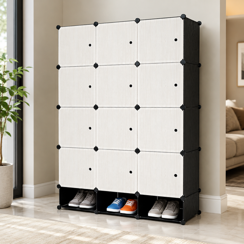 KRISHYAM® Modular 12-Cube Wardrobe Storage Cabinet with Doors, 1 Hanging Rod & 1 External Hanger Hook | DIY Plastic Closet Organizer with Metal Frame (12 Box Wardrobe + 3 Shoe Box (White))