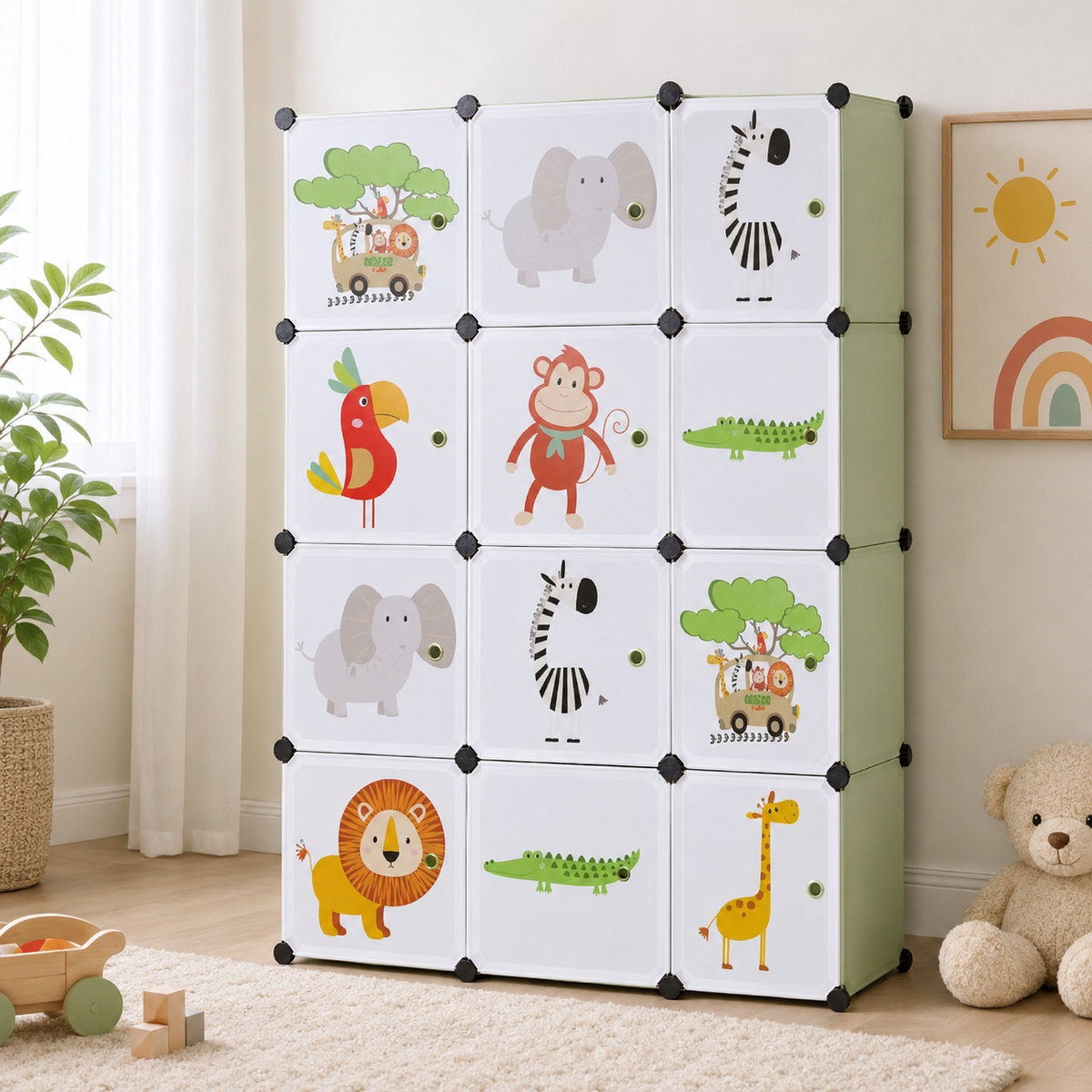 KRISHYAM® Kids Jungle Animal Print Collapsible Wardrobe with 2 Hanging Rod &1 External Hanger Hook | 8/12-Cube Modular Plastic Storage Cabinet | DIY Foldable Clothes Organizer (8/12 Box Lion Print)
