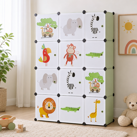 KRISHYAM® Kids Jungle Animal Print Collapsible Wardrobe with 2 Hanging Rod &1 External Hanger Hook | 8/12-Cube Modular Plastic Storage Cabinet | DIY Foldable Clothes Organizer (8/12 Box Lion Print)